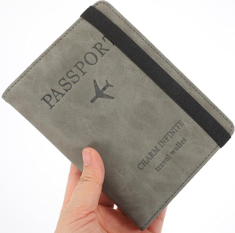 RFID Blocking Passport Holder Travel Document Organizer with Multiple Card Slots Gray PU Leather - Image 4